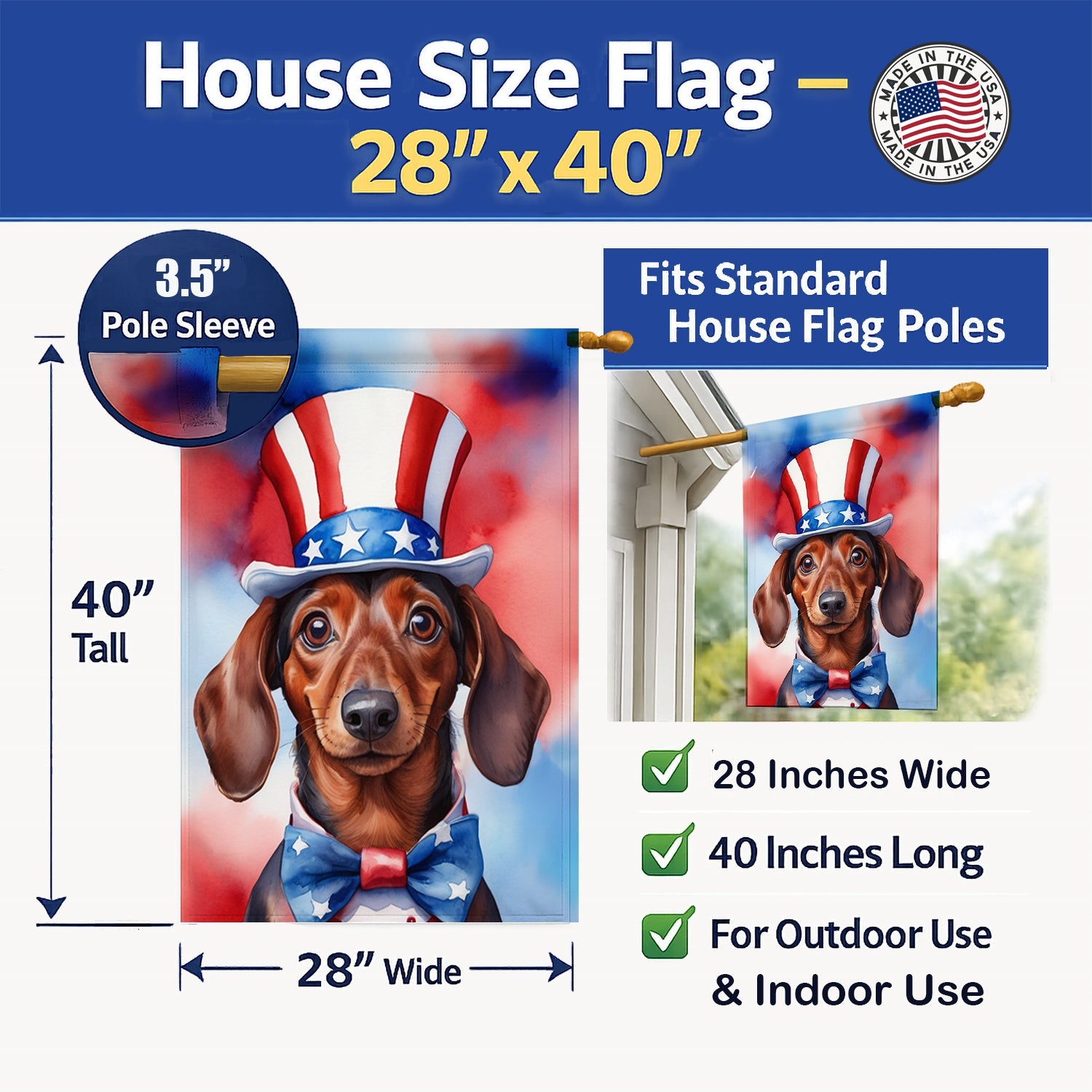 Dachshund Patriotic American House Flag 28x40 Porch Sleeve Pole Decorative Outside Yard Banner Artwork Wall Hanging, Polyester
