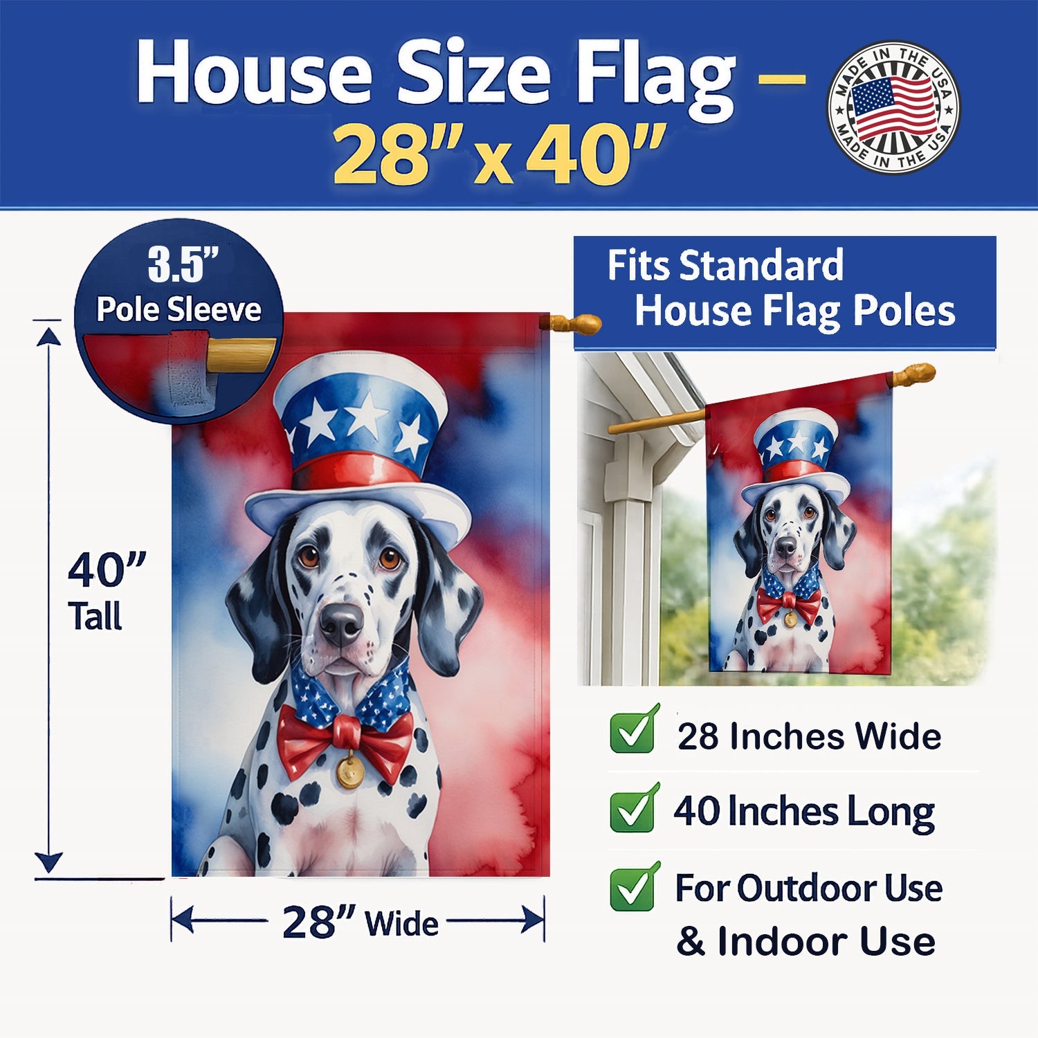 Dalmatian Patriotic American House Flag 28x40 Porch Sleeve Pole Decorative Outside Yard Banner Artwork Wall Hanging, Polyester