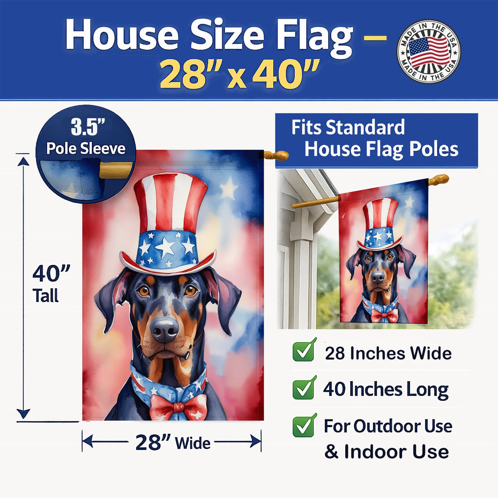 Doberman Pinscher Patriotic American House Flag 28x40 Porch Sleeve Pole Decorative Outside Yard Banner Artwork Wall Hanging, Polyester