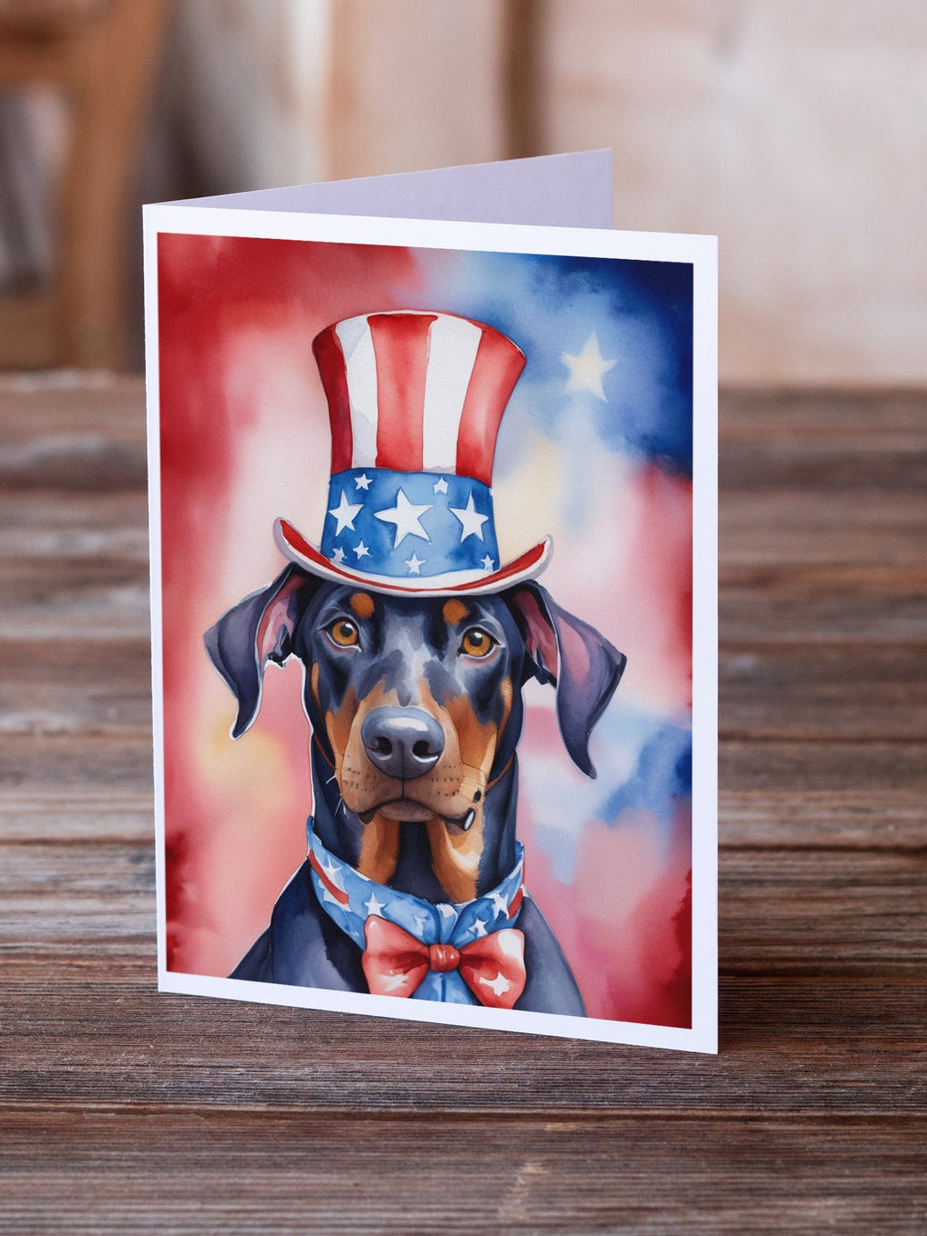 Doberman Pinscher Patriotic American Greeting Cards Pack of 8 Blank Cards with Envelopes Whimsical A7 Size 5x7