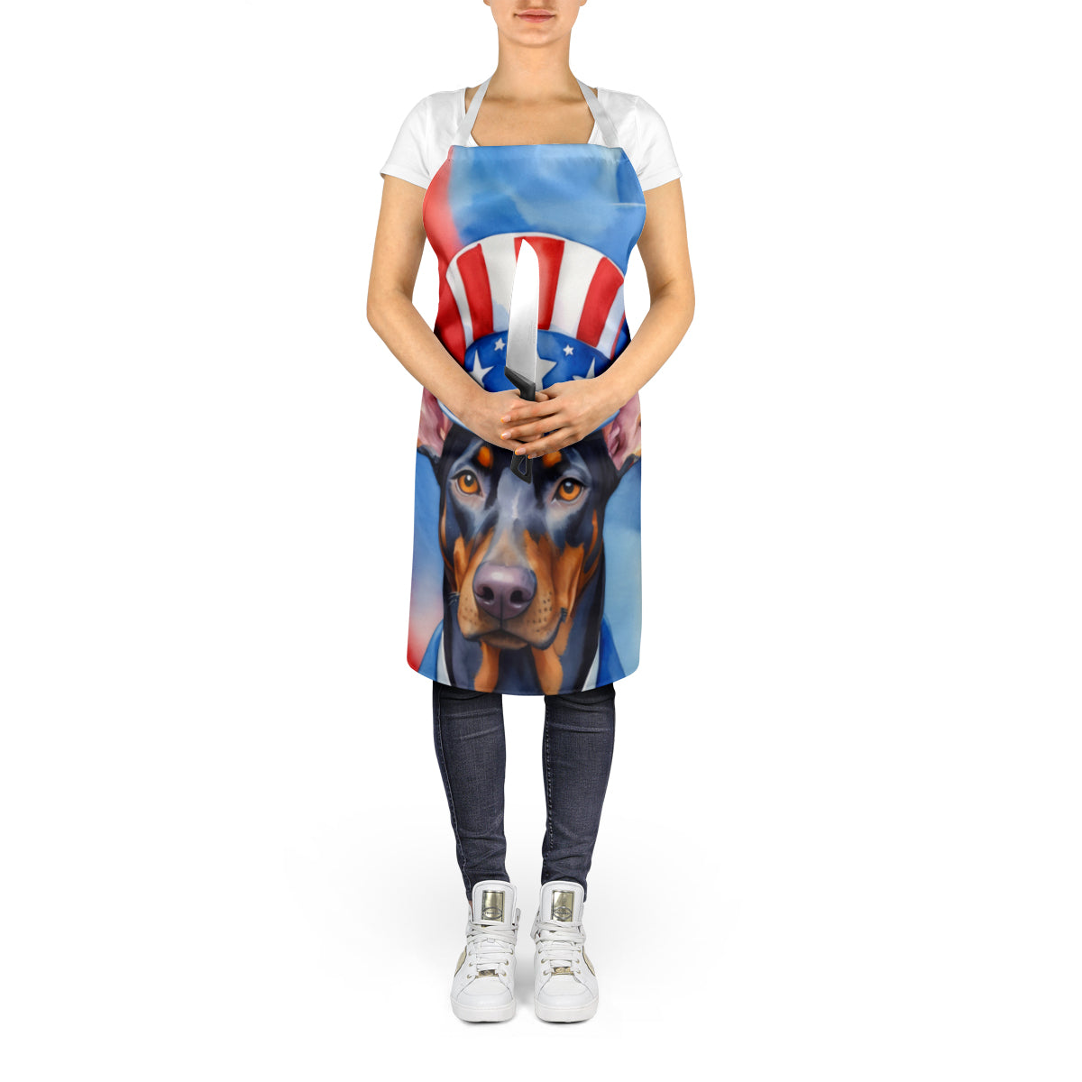 Doberman Pinscher Patriotic American Apron Cooking Kitchen Server Baking Crafts Gardening for Adult Women Men, Unisex, Large, Multicolor