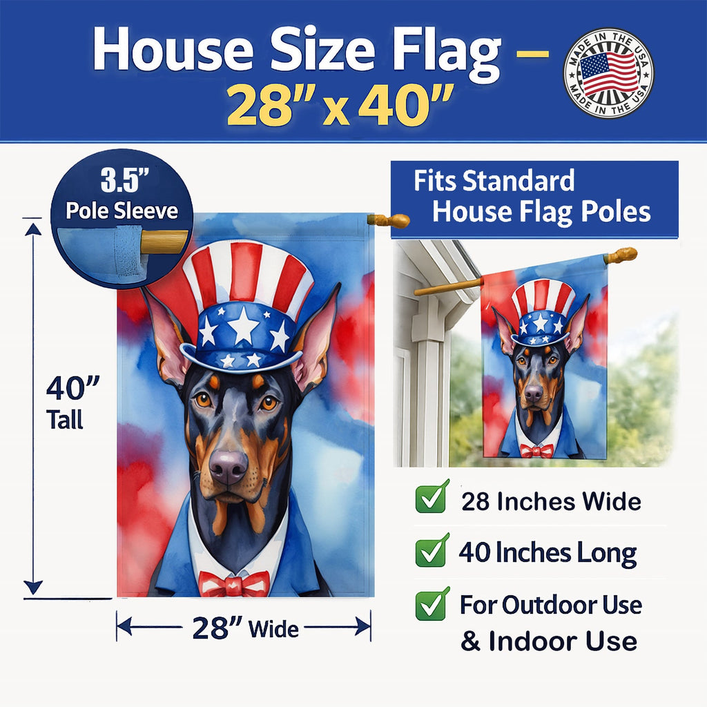 Doberman Pinscher Patriotic American House Flag 28x40 Porch Sleeve Pole Decorative Outside Yard Banner Artwork Wall Hanging, Polyester