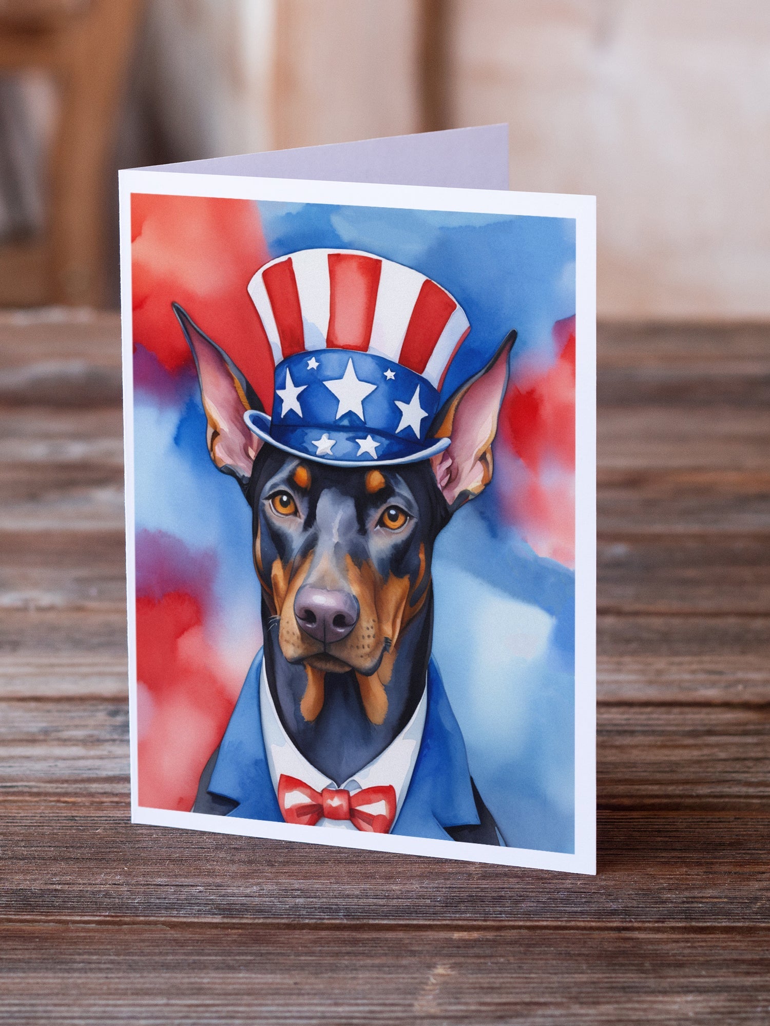 Doberman Pinscher Patriotic American Greeting Cards Pack of 8 Blank Cards with Envelopes Whimsical A7 Size 5x7