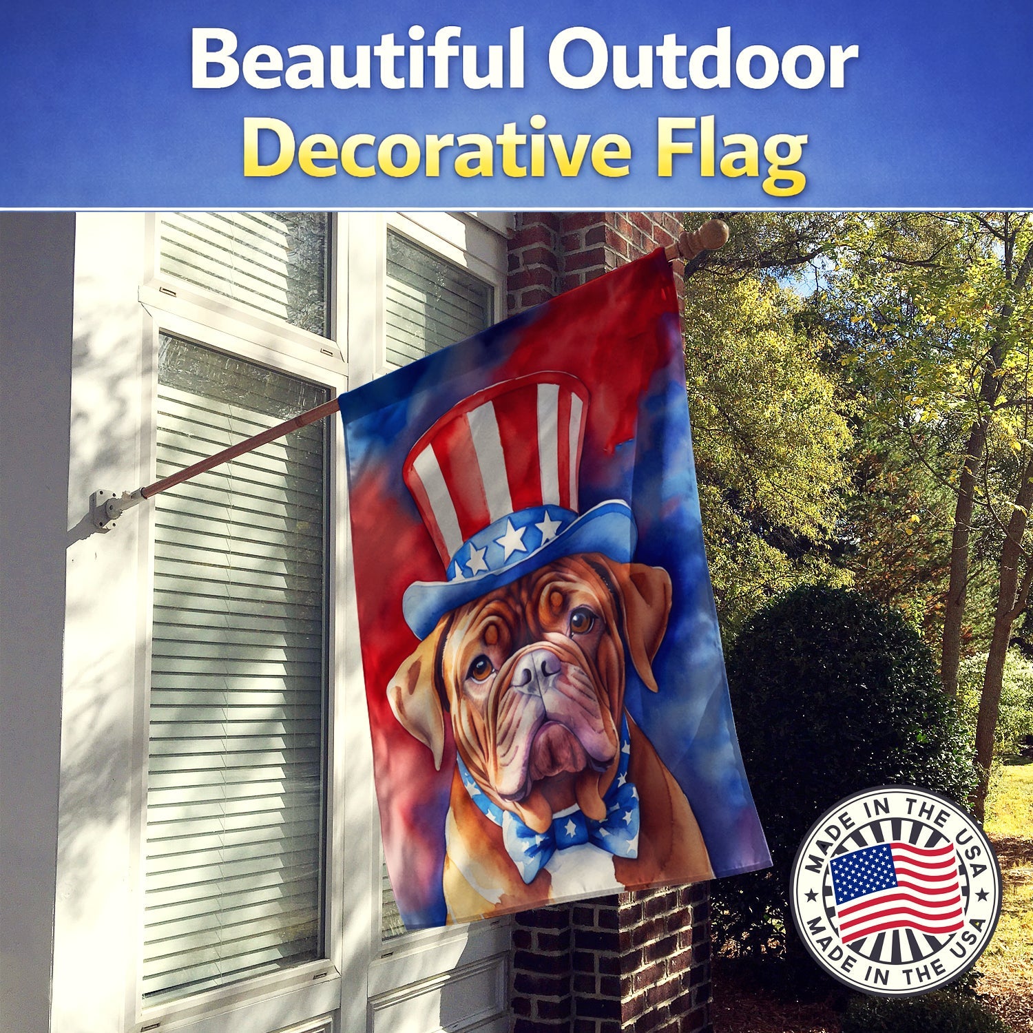 Dogue de Bordeaux Patriotic American House Flag 28x40 Porch Sleeve Pole Decorative Outside Yard Banner Artwork Wall Hanging, Polyester