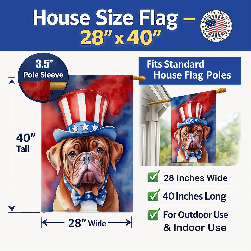 Dogue de Bordeaux Patriotic American House Flag 28x40 Porch Sleeve Pole Decorative Outside Yard Banner Artwork Wall Hanging, Polyester