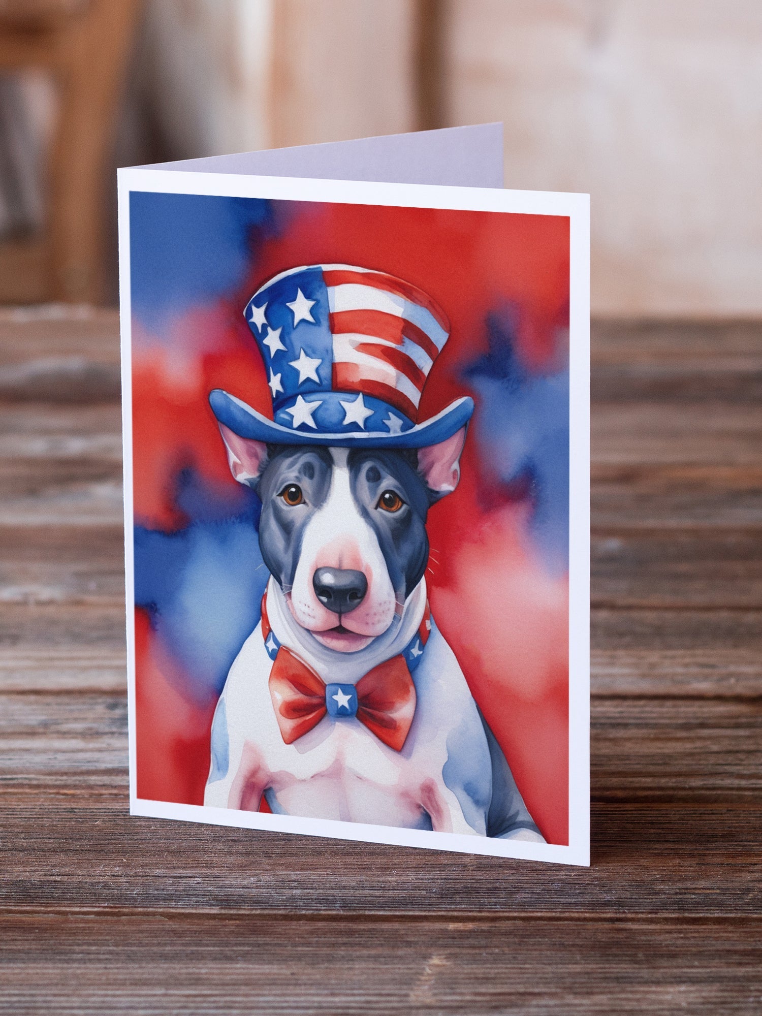 English Bull Terrier Patriotic American Greeting Cards Pack of 8 Blank Cards with Envelopes Whimsical A7 Size 5x7