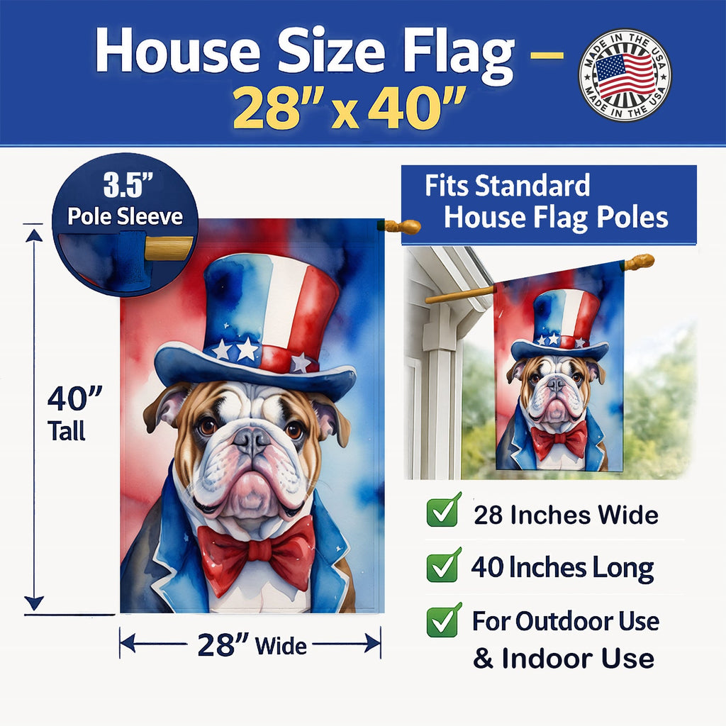 English Bulldog Patriotic American House Flag 28x40 Porch Sleeve Pole Decorative Outside Yard Banner Artwork Wall Hanging, Polyester