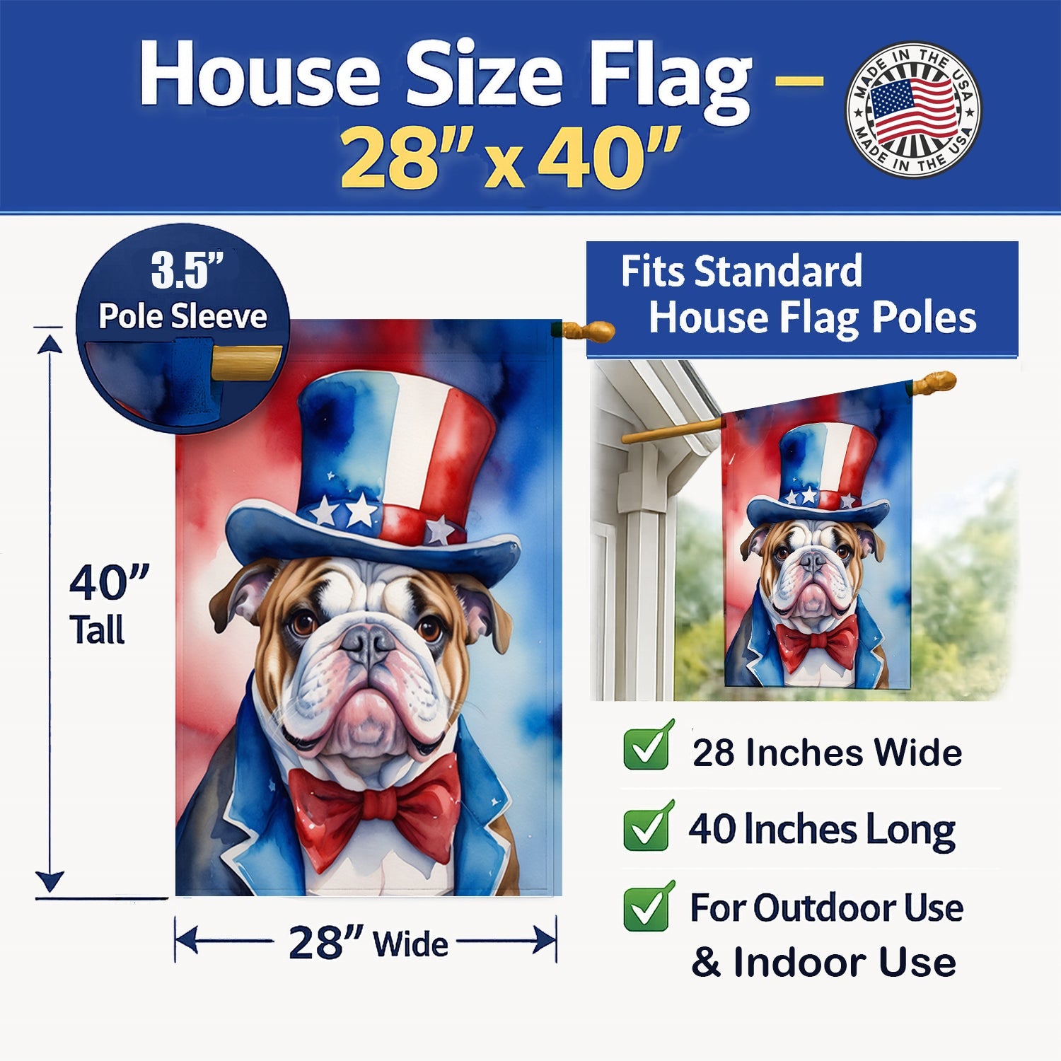 English Bulldog Patriotic American House Flag 28x40 Porch Sleeve Pole Decorative Outside Yard Banner Artwork Wall Hanging, Polyester