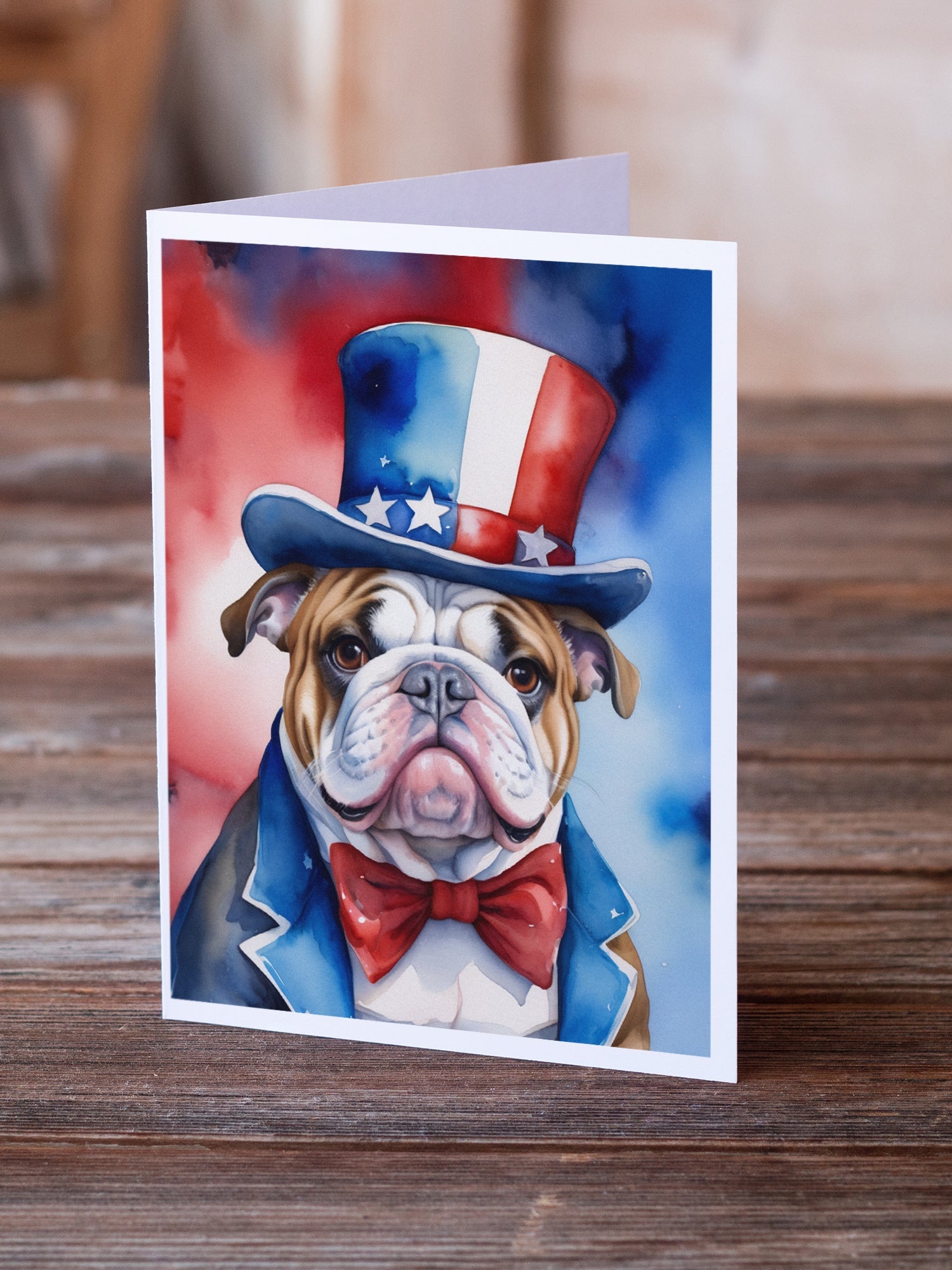 English Bulldog Patriotic American Greeting Cards Pack of 8 Blank Cards with Envelopes Whimsical A7 Size 5x7