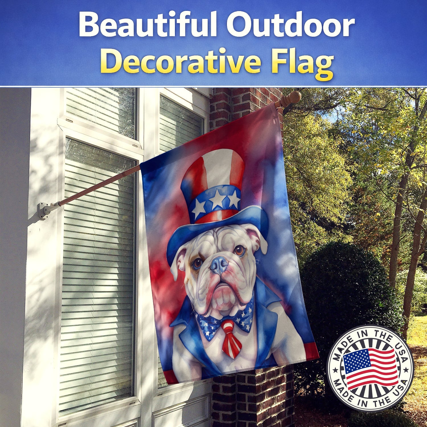 English Bulldog Patriotic American House Flag 28x40 Porch Sleeve Pole Decorative Outside Yard Banner Artwork Wall Hanging, Polyester