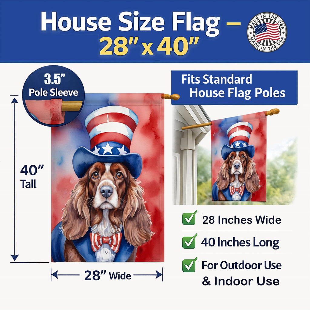 English Cocker Spaniel Patriotic American House Flag 28x40 Porch Sleeve Pole Decorative Outside Yard Banner Artwork Wall Hanging, Polyester