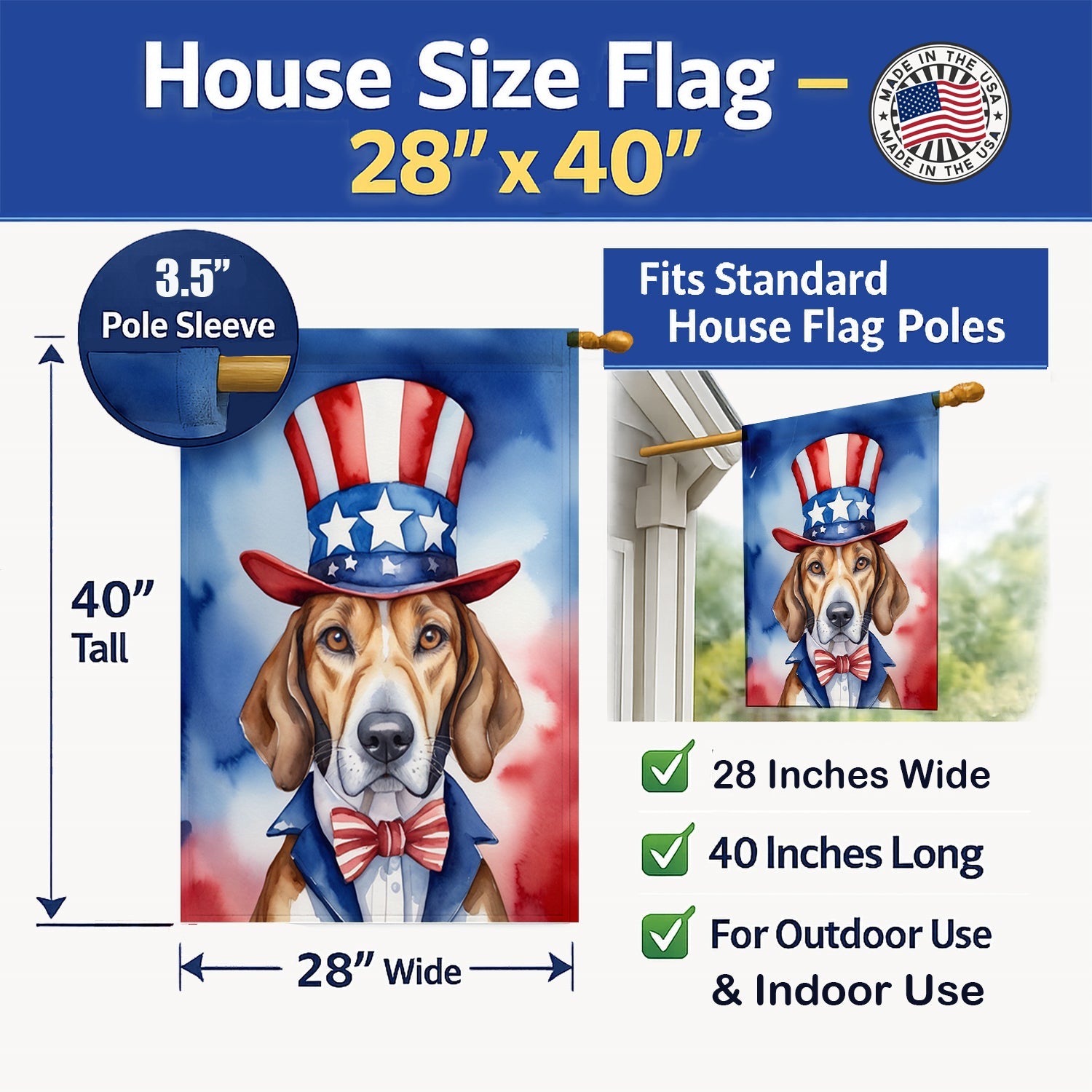 English Foxhound Patriotic American House Flag 28x40 Porch Sleeve Pole Decorative Outside Yard Banner Artwork Wall Hanging, Polyester