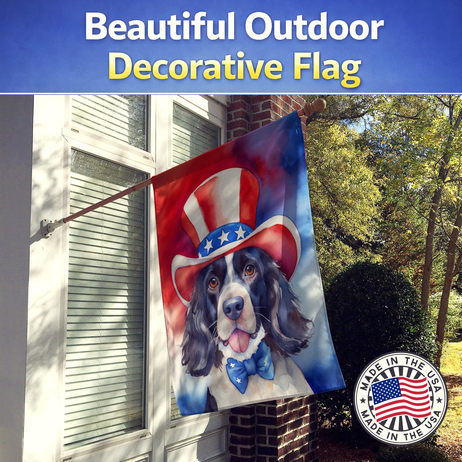 English Springer Spaniel Patriotic American House Flag 28x40 Porch Sleeve Pole Decorative Outside Yard Banner Artwork Wall Hanging, Polyester