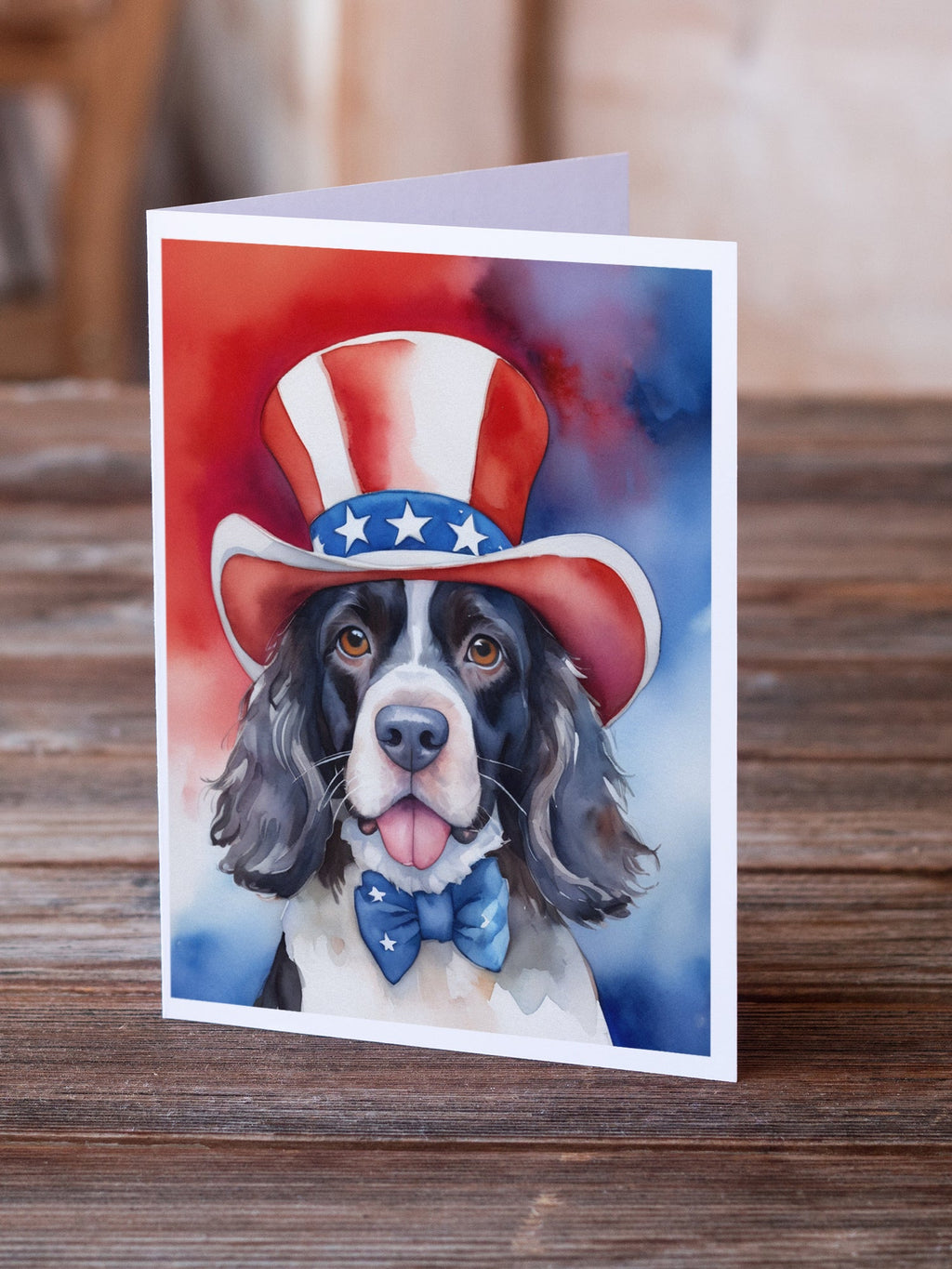 English Springer Spaniel Patriotic American Greeting Cards Pack of 8 Blank Cards with Envelopes Whimsical A7 Size 5x7