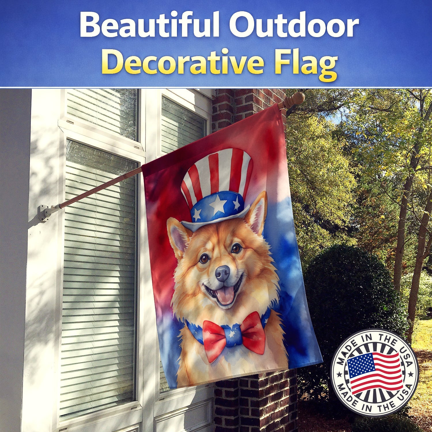 Finnish Spitz Patriotic American House Flag 28x40 Porch Sleeve Pole Decorative Outside Yard Banner Artwork Wall Hanging, Polyester