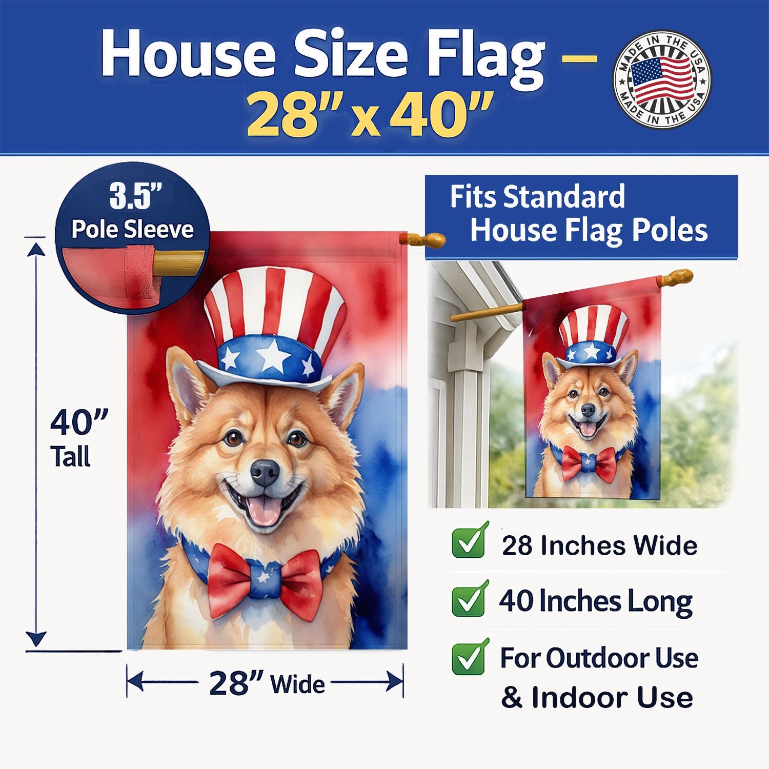 Finnish Spitz Patriotic American House Flag 28x40 Porch Sleeve Pole Decorative Outside Yard Banner Artwork Wall Hanging, Polyester