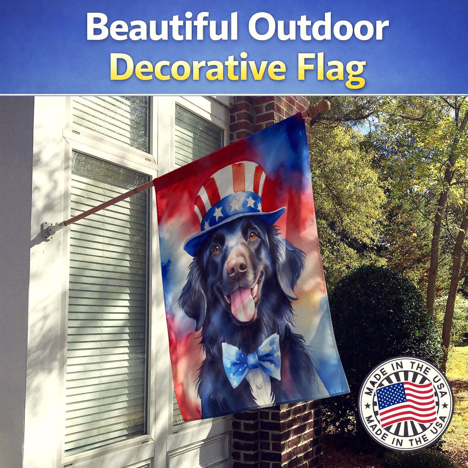 Flat-Coated Retriever Patriotic American House Flag 28x40 Porch Sleeve Pole Decorative Outside Yard Banner Artwork Wall Hanging, Polyester