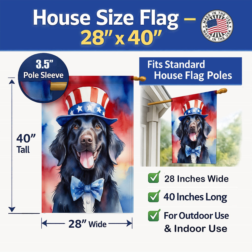 Flat-Coated Retriever Patriotic American House Flag 28x40 Porch Sleeve Pole Decorative Outside Yard Banner Artwork Wall Hanging, Polyester