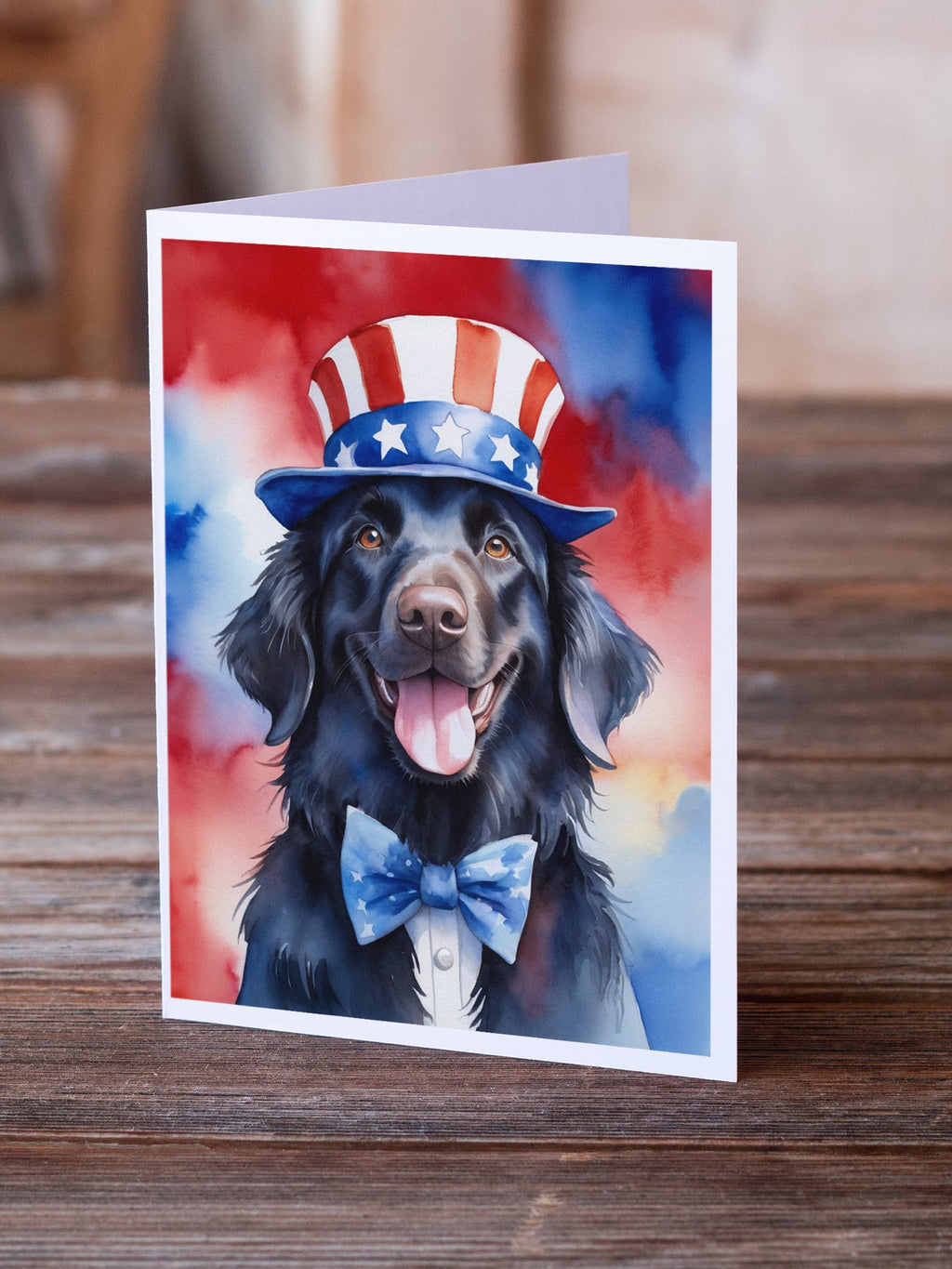 Flat-Coated Retriever Patriotic American Greeting Cards Pack of 8 Blank Cards with Envelopes Whimsical A7 Size 5x7
