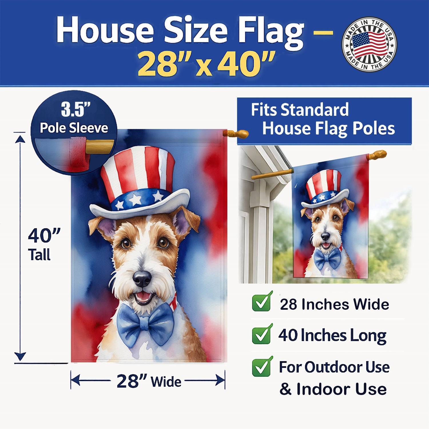 Fox Terrier Patriotic American House Flag 28x40 Porch Sleeve Pole Decorative Outside Yard Banner Artwork Wall Hanging, Polyester
