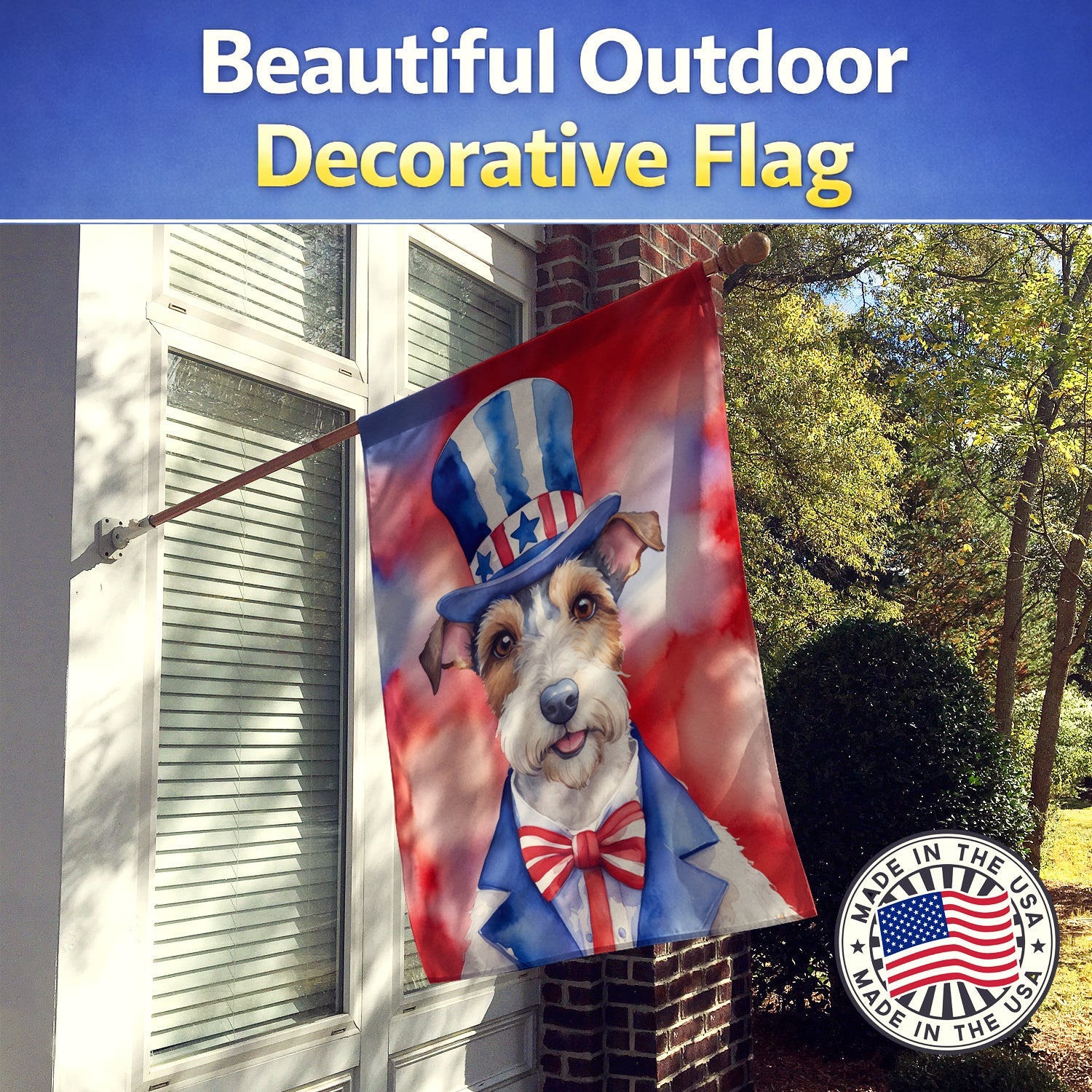Fox Terrier Patriotic American House Flag 28x40 Porch Sleeve Pole Decorative Outside Yard Banner Artwork Wall Hanging, Polyester