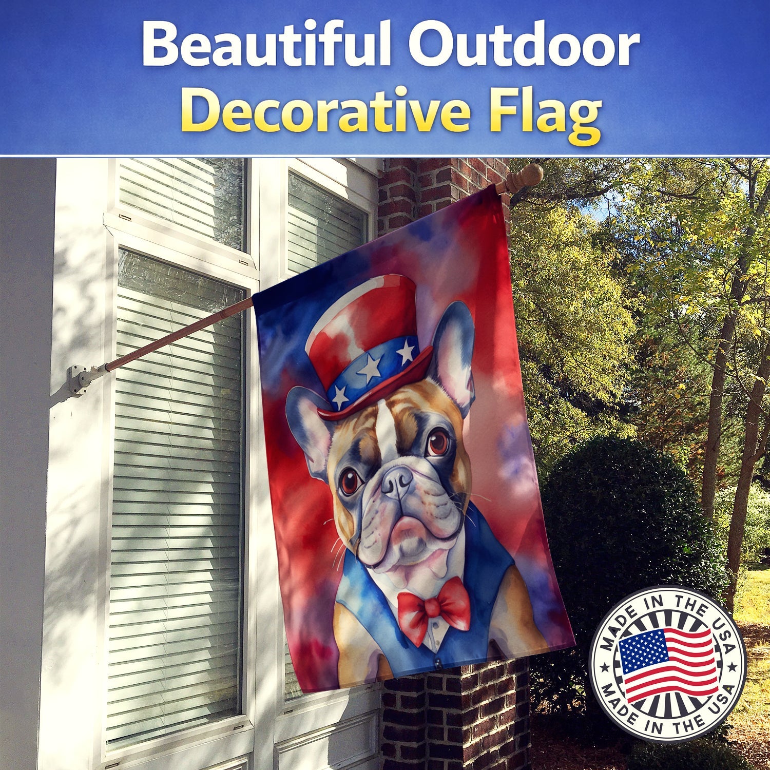 French Bulldog Patriotic American House Flag 28x40 Porch Sleeve Pole Decorative Outside Yard Banner Artwork Wall Hanging, Polyester
