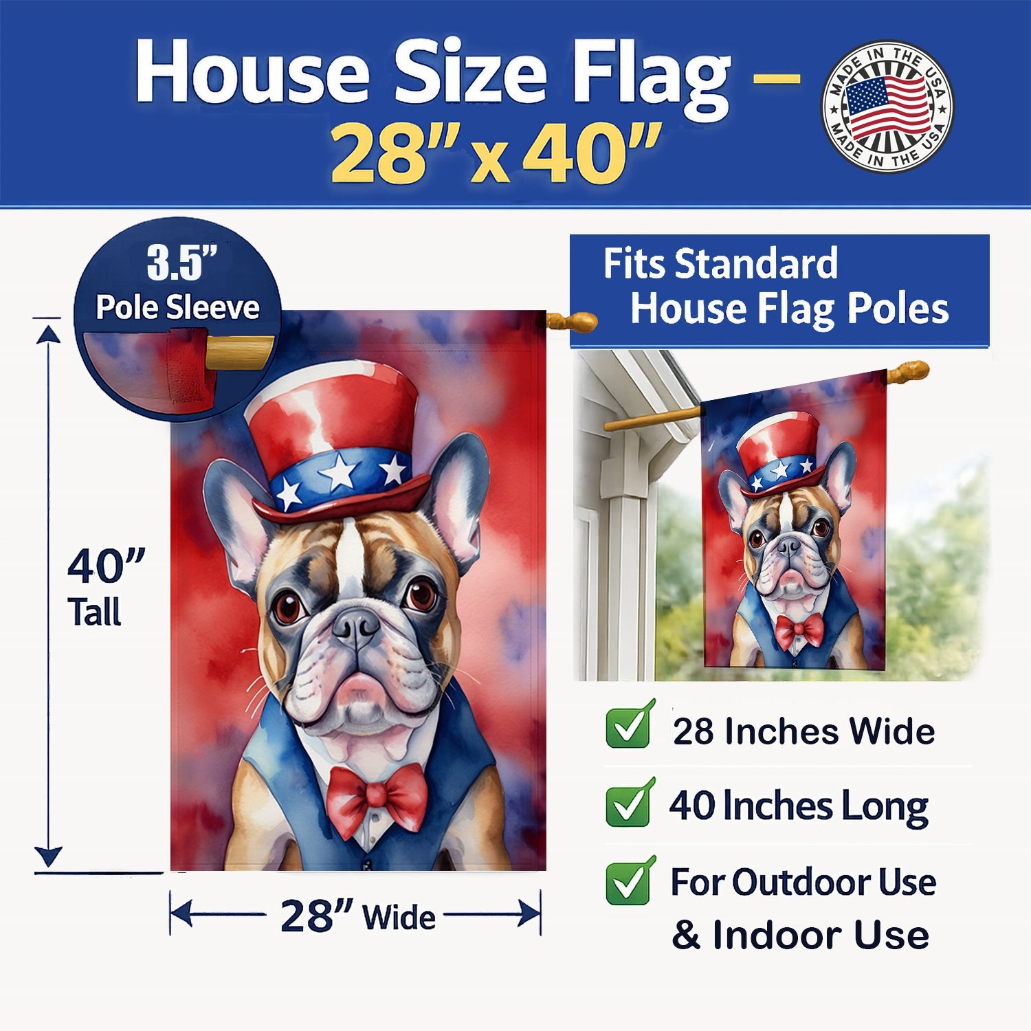 French Bulldog Patriotic American House Flag 28x40 Porch Sleeve Pole Decorative Outside Yard Banner Artwork Wall Hanging, Polyester