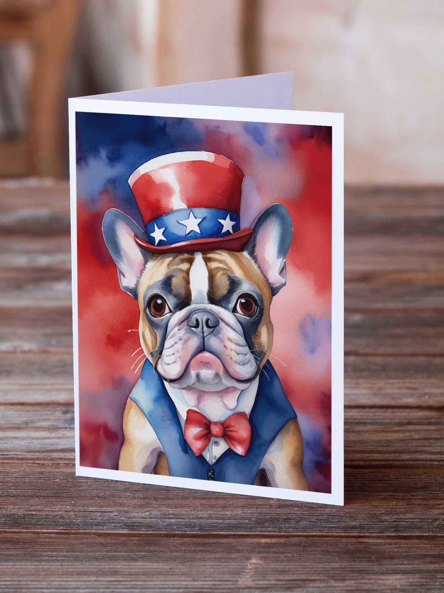 French Bulldog Patriotic American Greeting Cards Pack of 8 Blank Cards with Envelopes Whimsical A7 Size 5x7