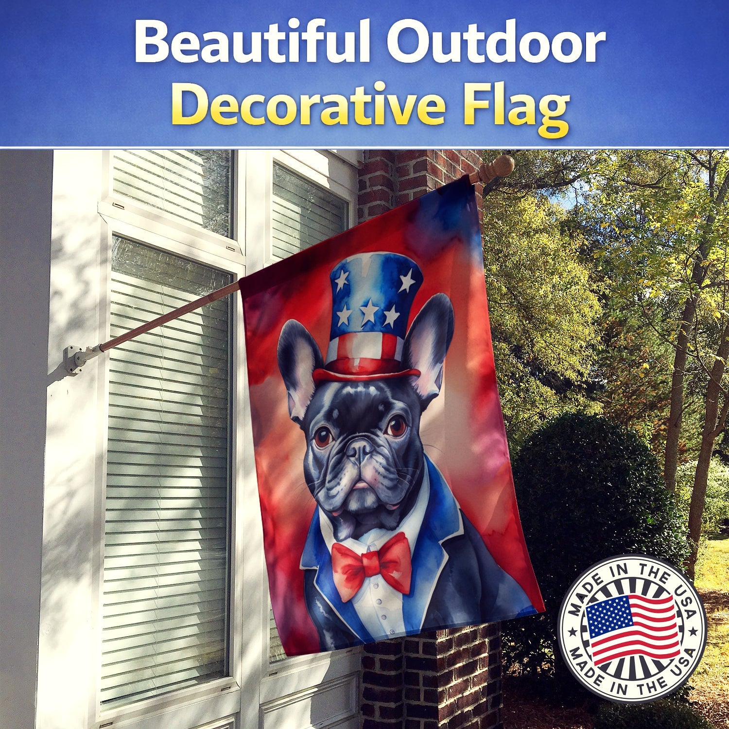 French Bulldog Patriotic American House Flag 28x40 Porch Sleeve Pole Decorative Outside Yard Banner Artwork Wall Hanging, Polyester