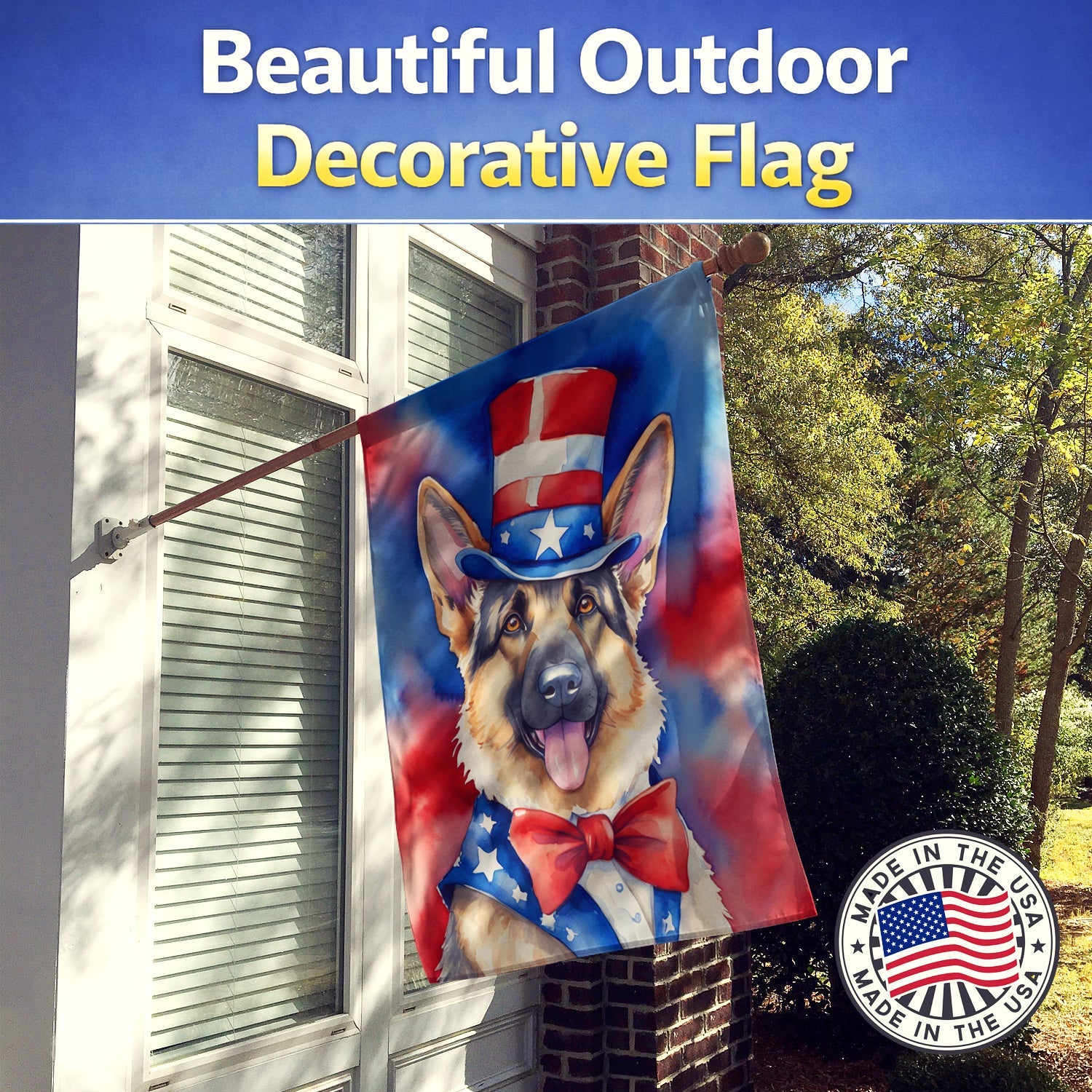 German Shepherd Patriotic American House Flag 28x40 Porch Sleeve Pole Decorative Outside Yard Banner Artwork Wall Hanging, Polyester
