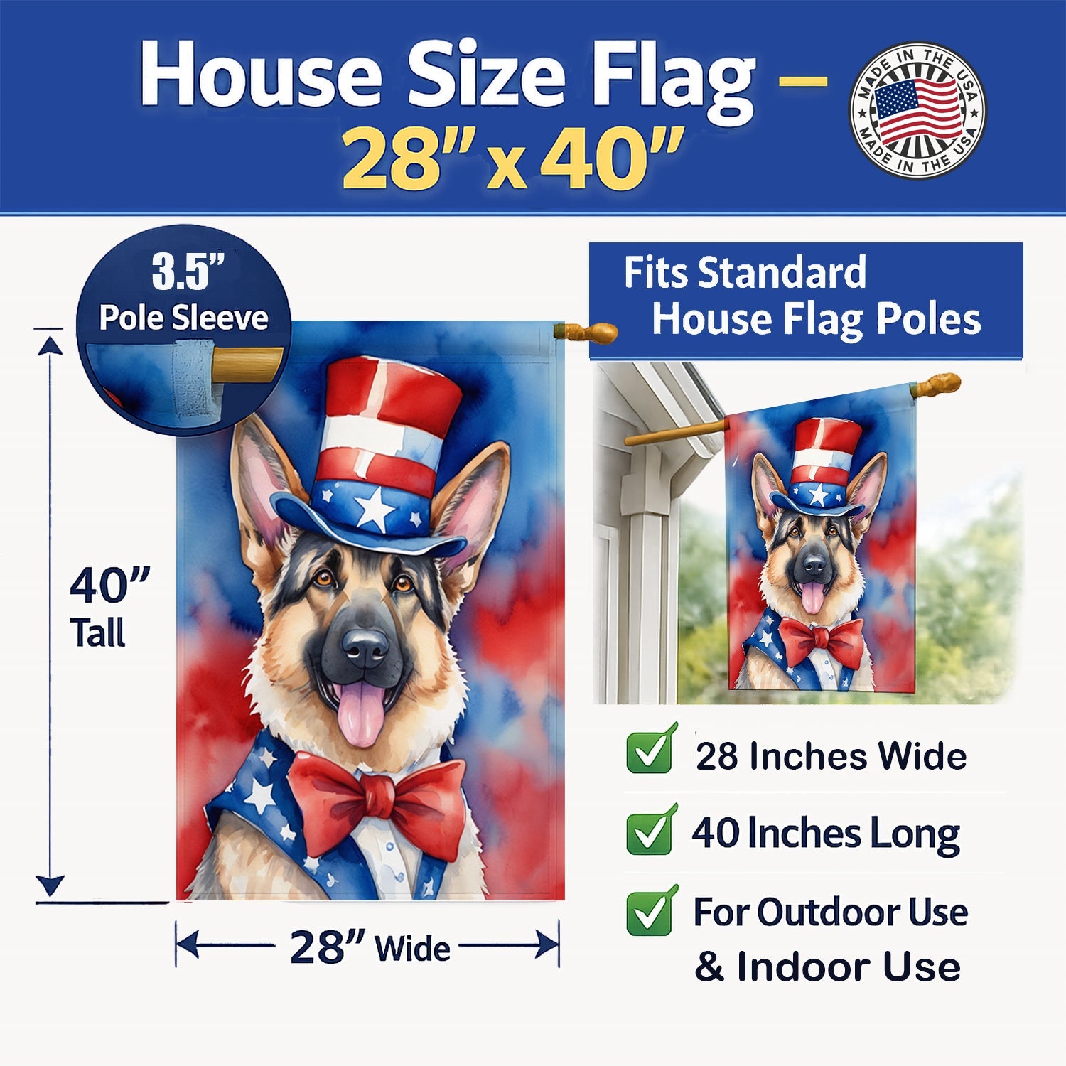 German Shepherd Patriotic American House Flag 28x40 Porch Sleeve Pole Decorative Outside Yard Banner Artwork Wall Hanging, Polyester