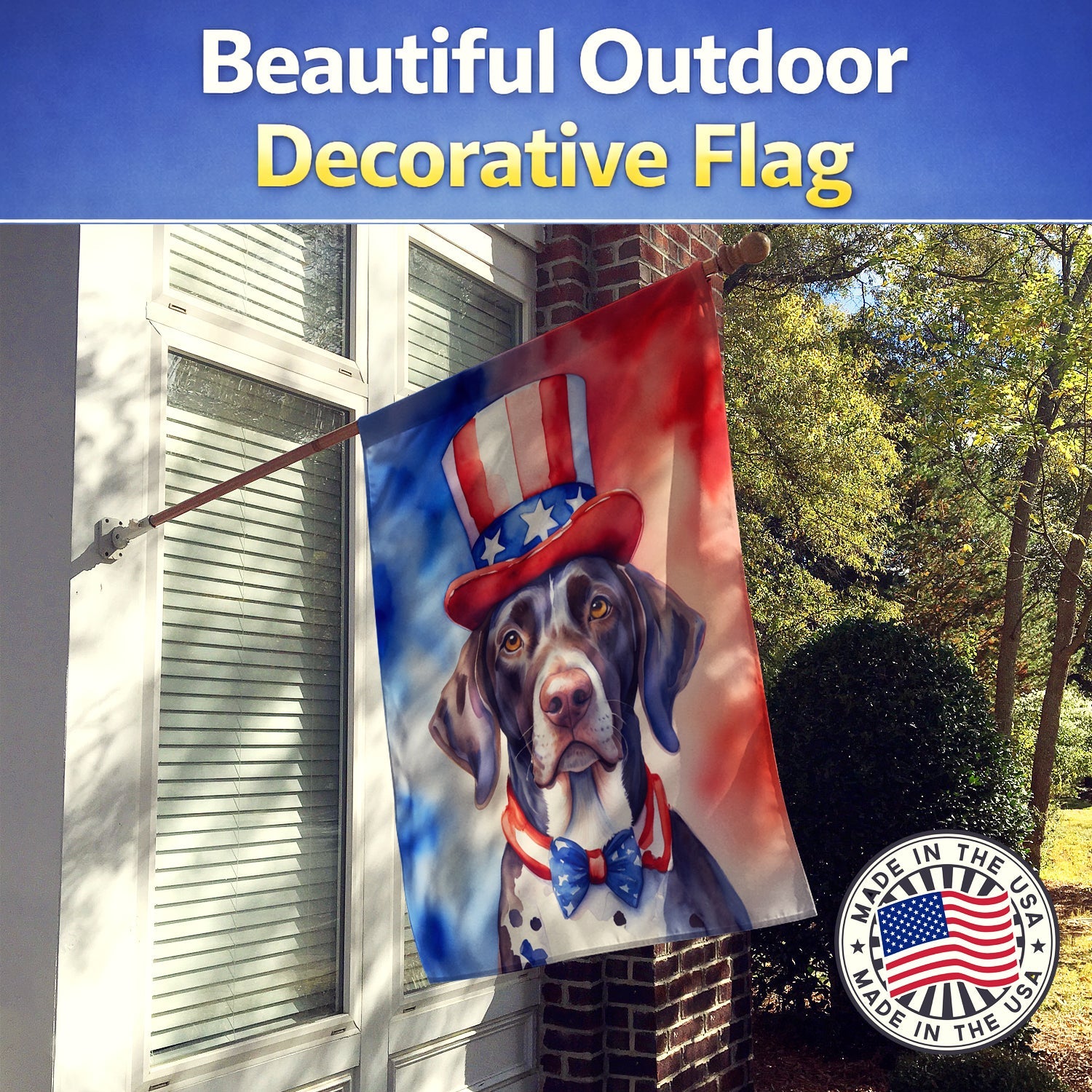 German Shorthaired Pointer Patriotic American House Flag 28x40 Porch Sleeve Pole Decorative Outside Yard Banner Artwork Wall Hanging, Polyester