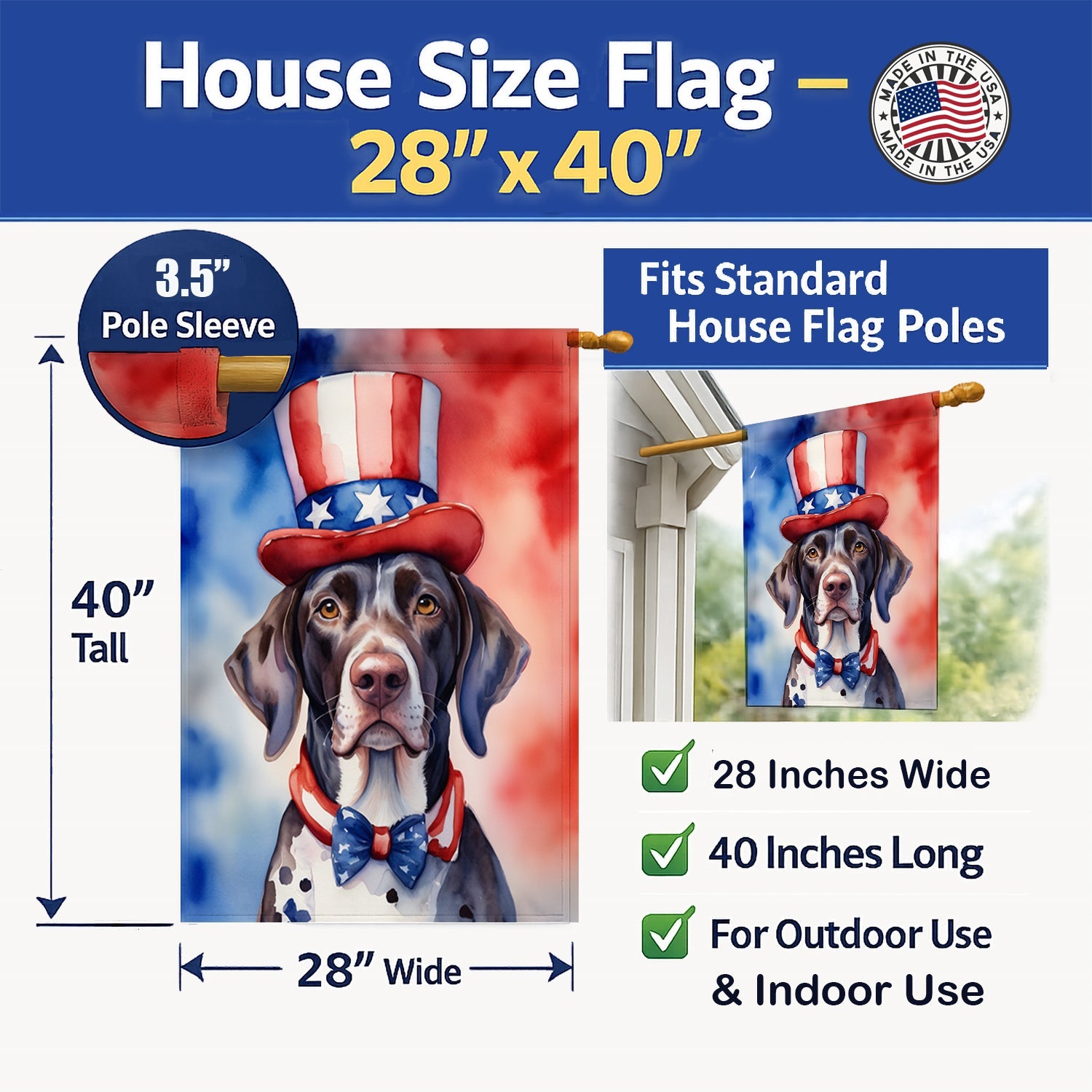 German Shorthaired Pointer Patriotic American House Flag 28x40 Porch Sleeve Pole Decorative Outside Yard Banner Artwork Wall Hanging, Polyester