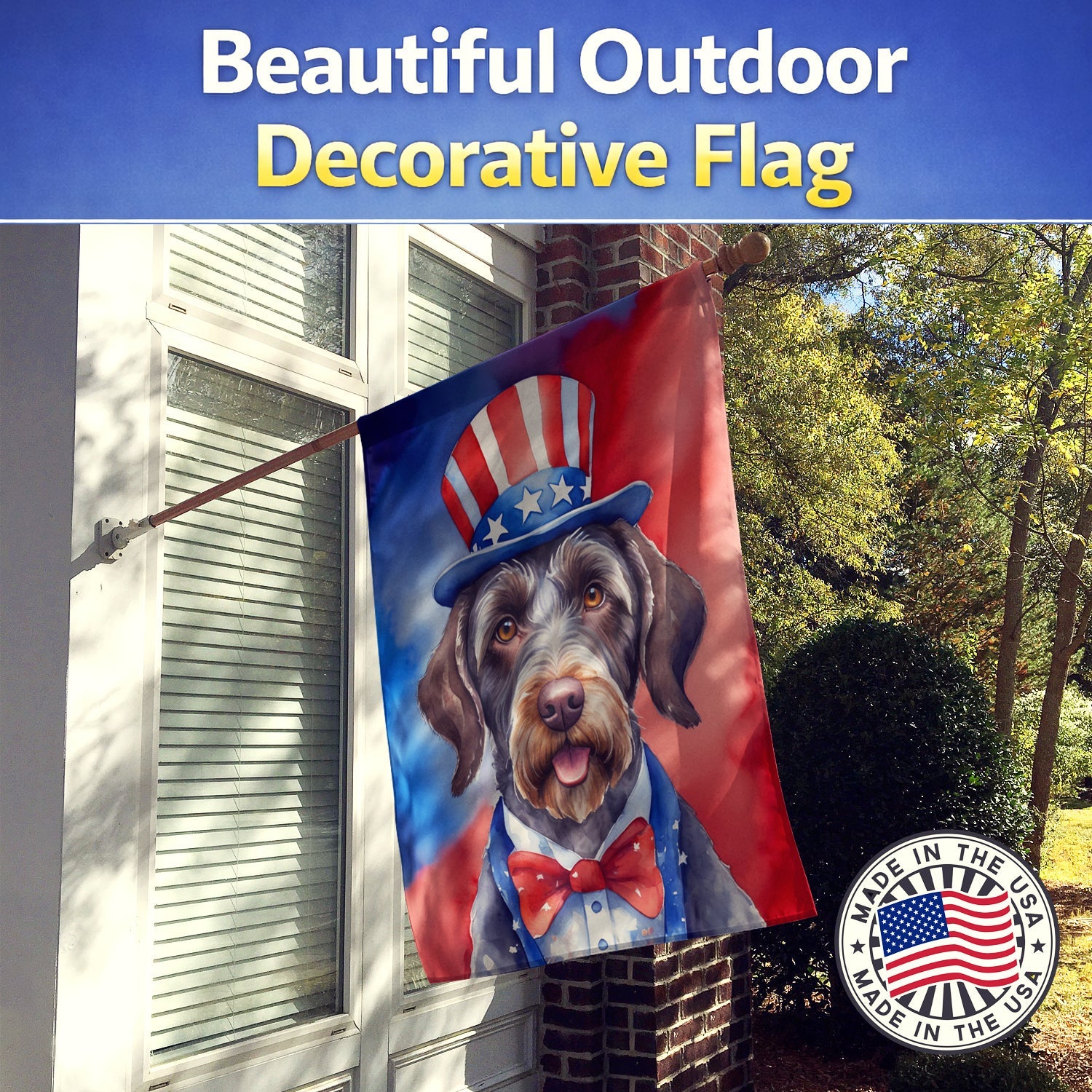German Wirehaired Pointer Patriotic American House Flag 28x40 Porch Sleeve Pole Decorative Outside Yard Banner Artwork Wall Hanging, Polyester