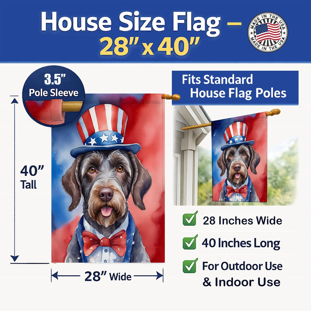 German Wirehaired Pointer Patriotic American House Flag 28x40 Porch Sleeve Pole Decorative Outside Yard Banner Artwork Wall Hanging, Polyester