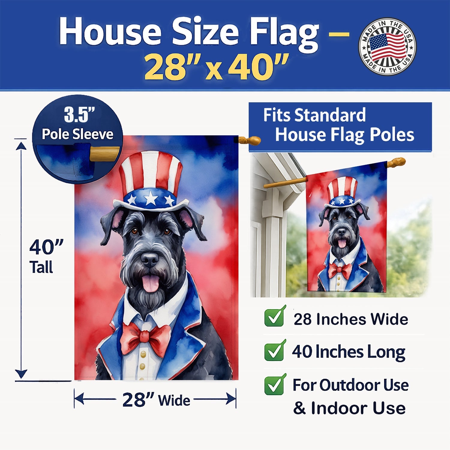Giant Schnauzer Patriotic American House Flag 28x40 Porch Sleeve Pole Decorative Outside Yard Banner Artwork Wall Hanging, Polyester