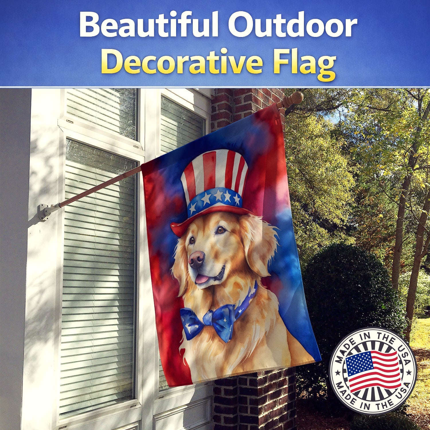 Golden Retriever Patriotic American House Flag 28x40 Porch Sleeve Pole Decorative Outside Yard Banner Artwork Wall Hanging, Polyester