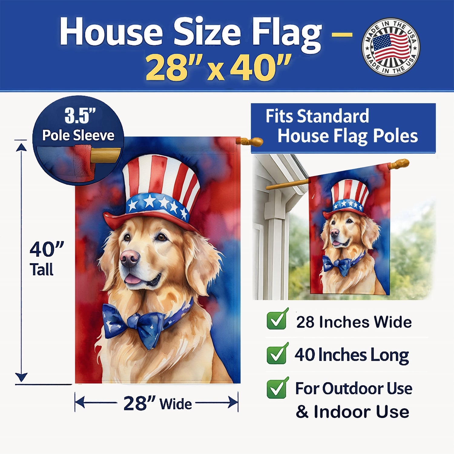 Golden Retriever Patriotic American House Flag 28x40 Porch Sleeve Pole Decorative Outside Yard Banner Artwork Wall Hanging, Polyester