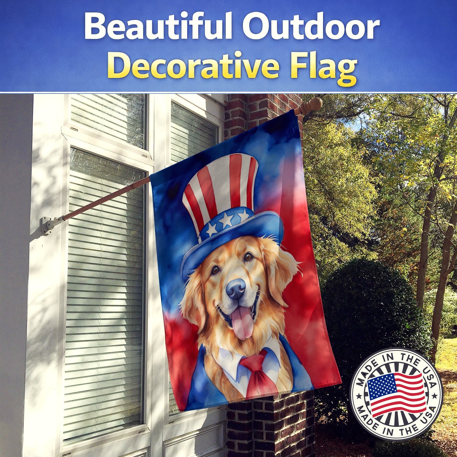 Golden Retriever Patriotic American House Flag 28x40 Porch Sleeve Pole Decorative Outside Yard Banner Artwork Wall Hanging, Polyester