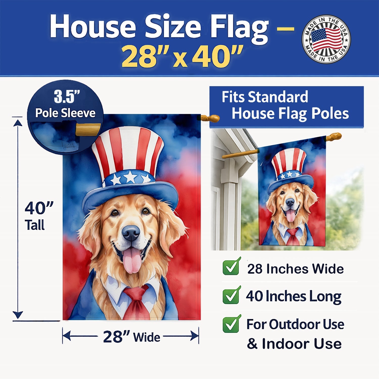 Golden Retriever Patriotic American House Flag 28x40 Porch Sleeve Pole Decorative Outside Yard Banner Artwork Wall Hanging, Polyester