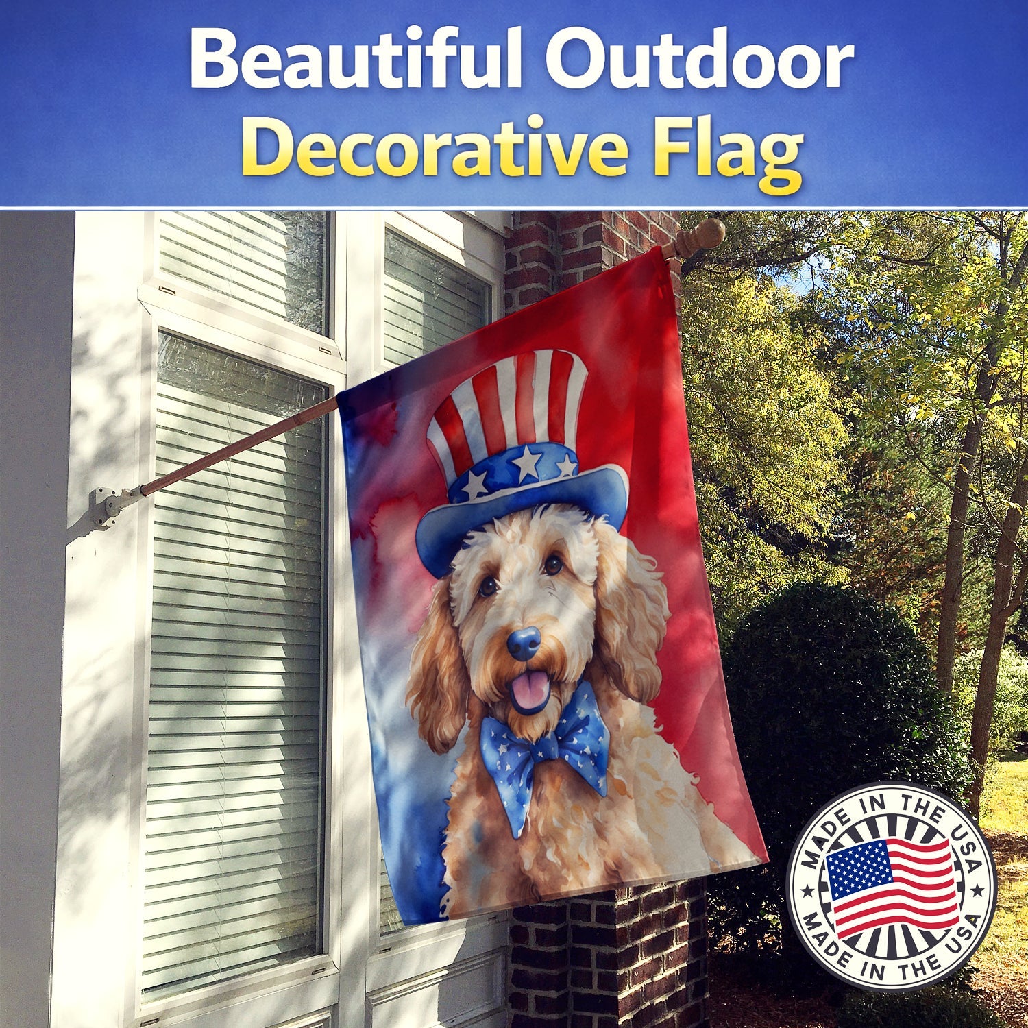 Goldendoodle Patriotic American House Flag 28x40 Porch Sleeve Pole Decorative Outside Yard Banner Artwork Wall Hanging, Polyester