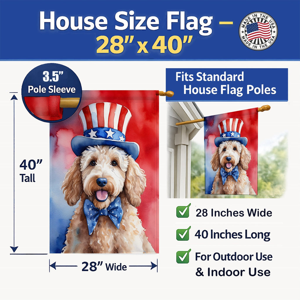 Goldendoodle Patriotic American House Flag 28x40 Porch Sleeve Pole Decorative Outside Yard Banner Artwork Wall Hanging, Polyester