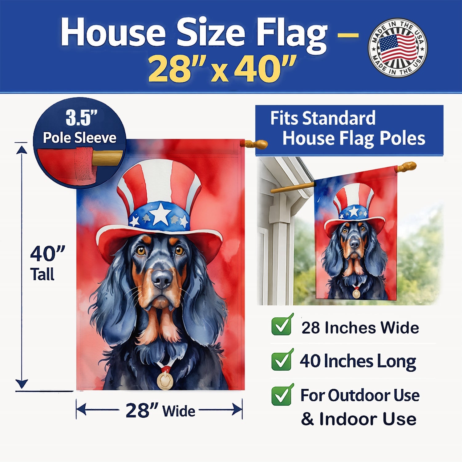 Gordon Setter Patriotic American House Flag 28x40 Porch Sleeve Pole Decorative Outside Yard Banner Artwork Wall Hanging, Polyester