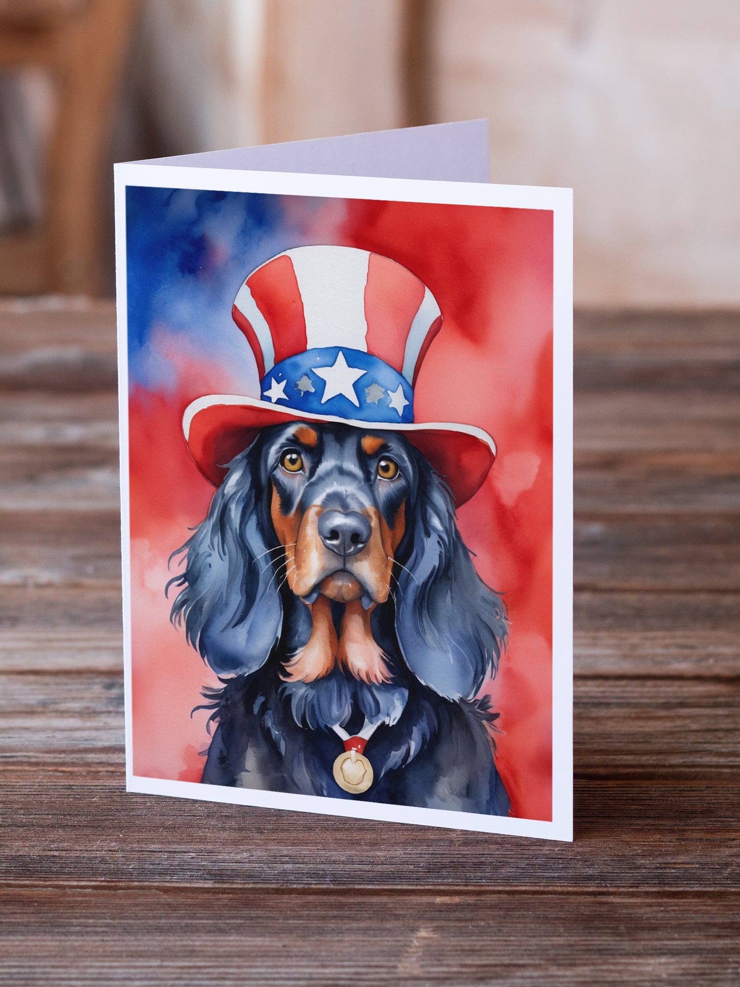 Gordon Setter Patriotic American Greeting Cards Pack of 8 Blank Cards with Envelopes Whimsical A7 Size 5x7