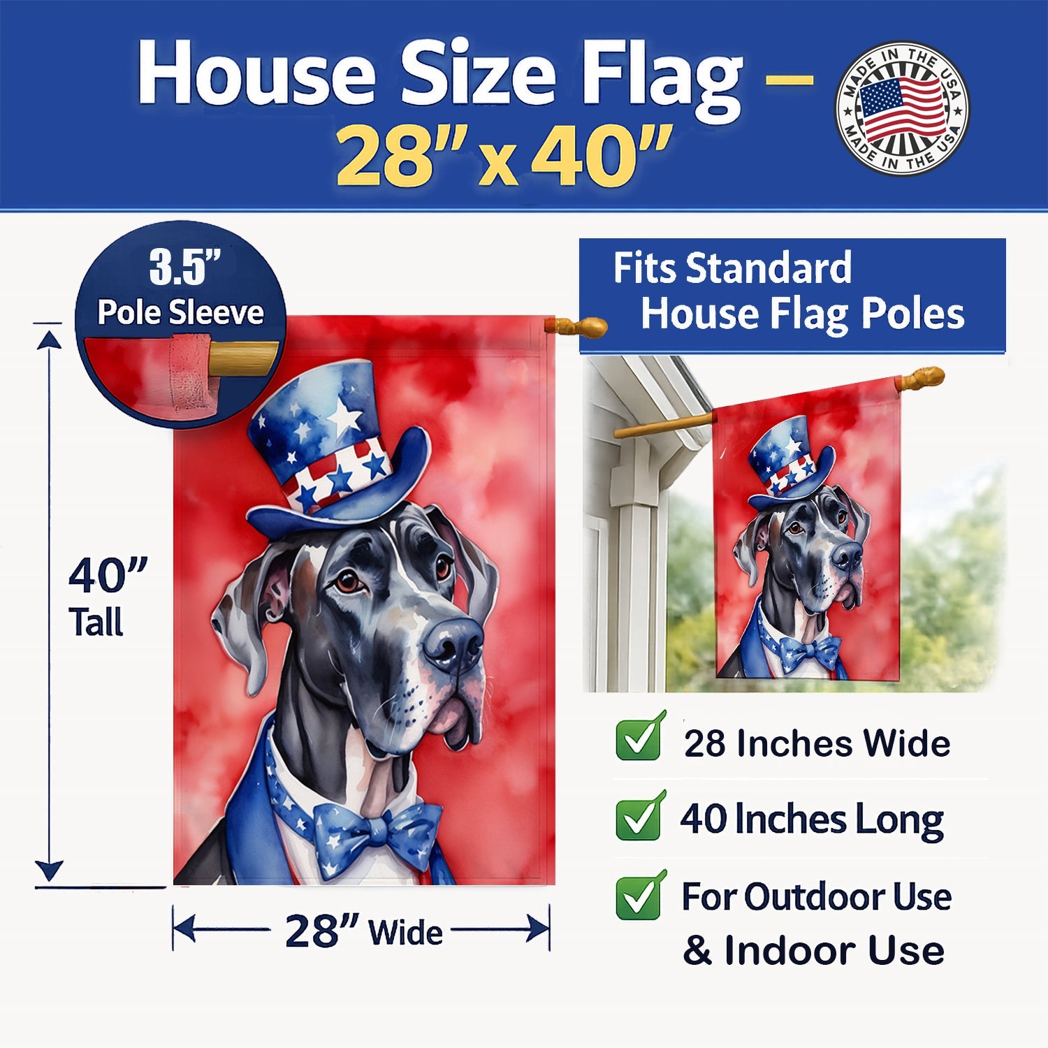 Great Dane Patriotic American House Flag 28x40 Porch Sleeve Pole Decorative Outside Yard Banner Artwork Wall Hanging, Polyester