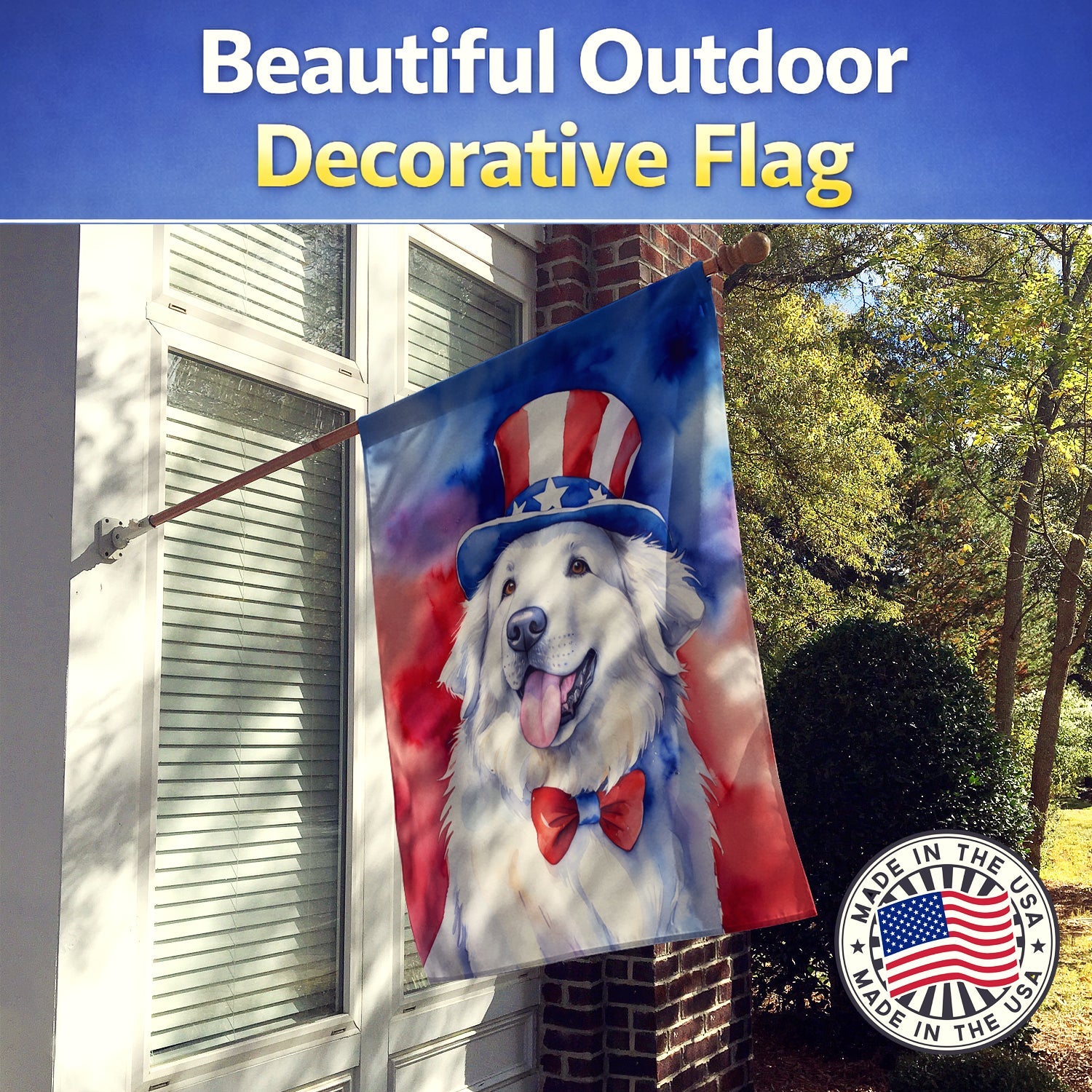 Great Pyrenees Patriotic American House Flag 28x40 Porch Sleeve Pole Decorative Outside Yard Banner Artwork Wall Hanging, Polyester