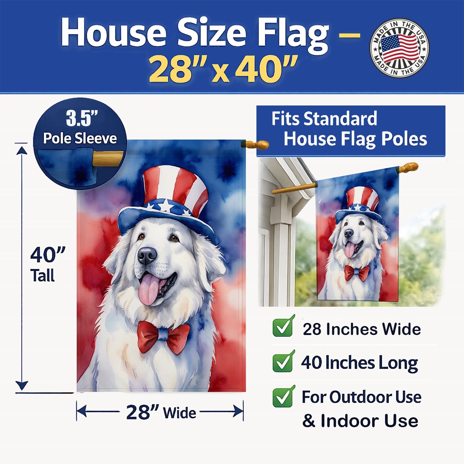 Great Pyrenees Patriotic American House Flag 28x40 Porch Sleeve Pole Decorative Outside Yard Banner Artwork Wall Hanging, Polyester