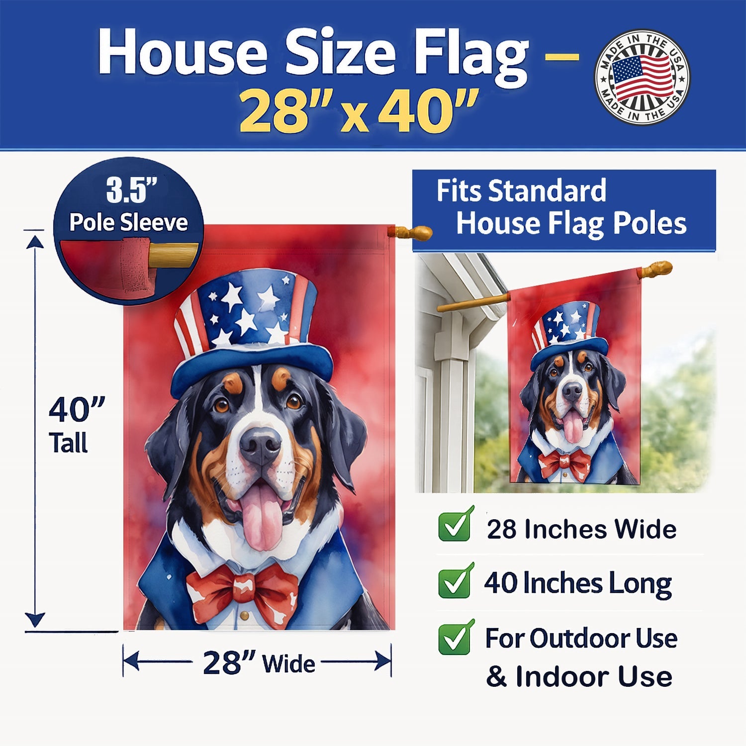 Greater Swiss Mountain Dog Patriotic American House Flag 28x40 Porch Sleeve Pole Decorative Outside Yard Banner Artwork Wall Hanging, Polyester