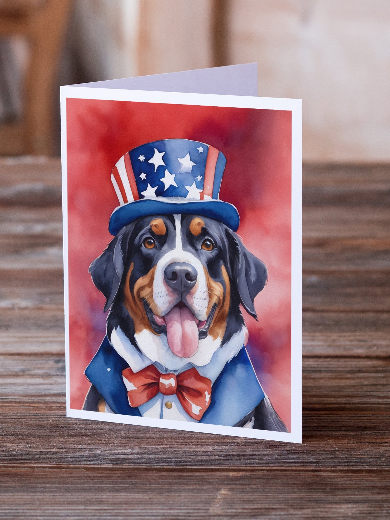 Greater Swiss Mountain Dog Patriotic American Greeting Cards Pack of 8 Blank Cards with Envelopes Whimsical A7 Size 5x7