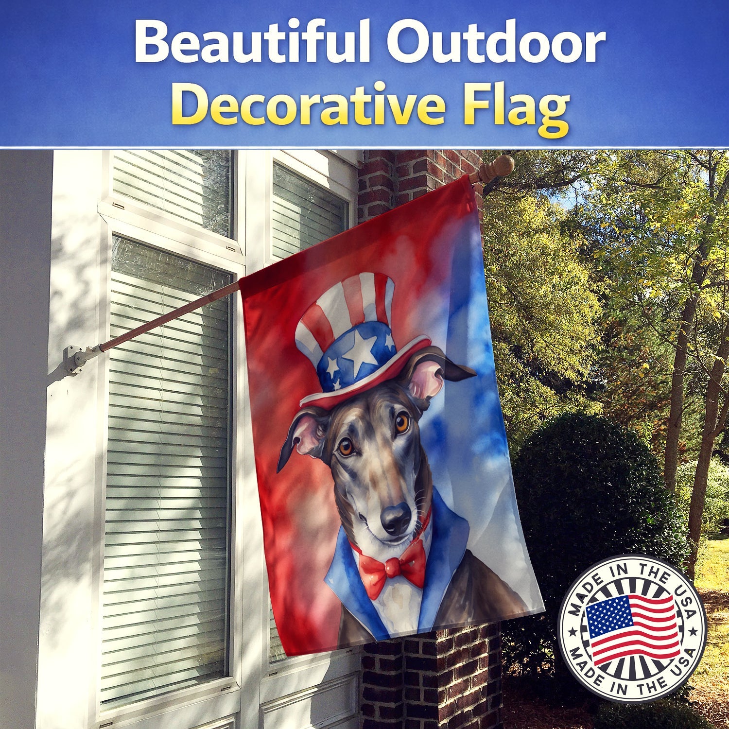 Greyhound Patriotic American House Flag 28x40 Porch Sleeve Pole Decorative Outside Yard Banner Artwork Wall Hanging, Polyester